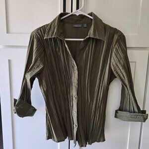 Apt. 9 Button Up Shirt Women’s Size PM Petite Medium Olive Green Ruched Fitted